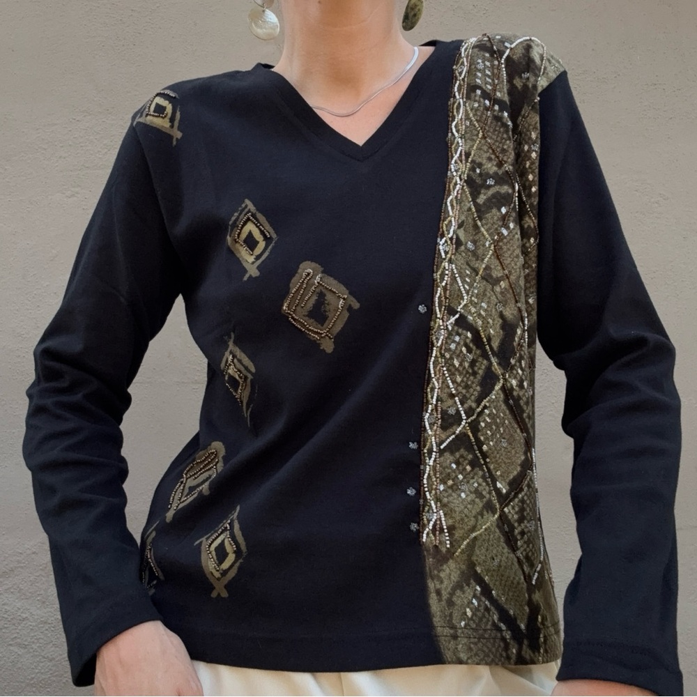 Black Long Sleeve Top with Snake Print Accent